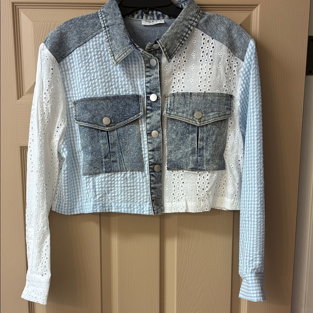 Cropped Patchwork Denim & Eyelet Jacket - Light B… - image 1